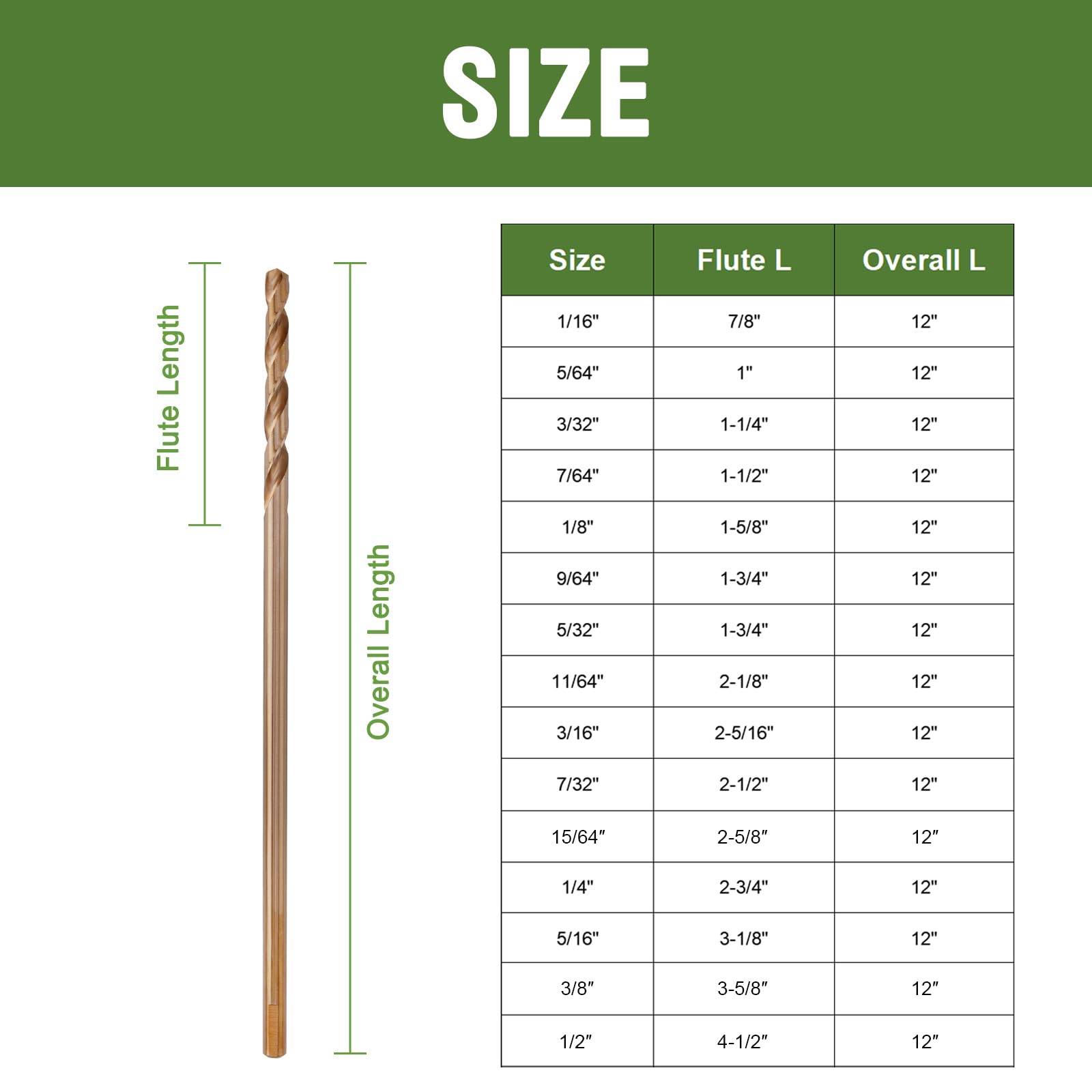 Cobalt Drill Bits - 3/8 x 12 Inch, Long Reach -6 Cobalt Drill Bits - 3/8 x 12 Inch, Long Reach -6