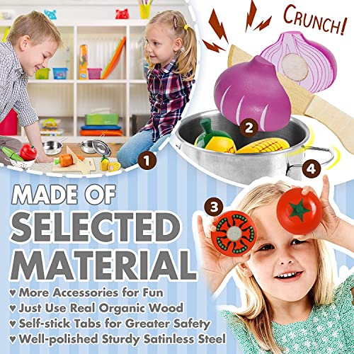 Kids Pots And Pans Playset Play Food Sets For Kids Kitchen Accessories For Toddlers 1-3 Play Food Stainless Steel Wooden Toy Apron, Chef Hat, ​Cutting Fruits For Girls And Boys #TOP4