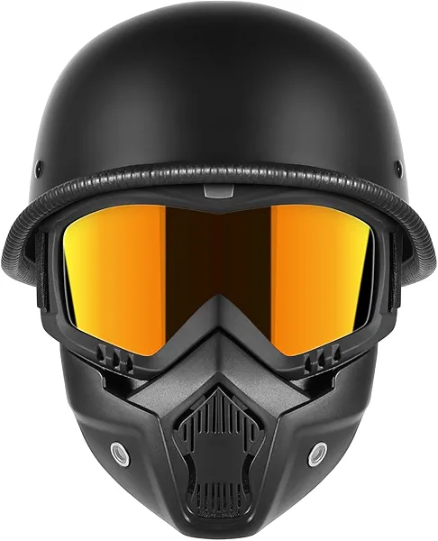 Motorcycle Half Helmets with Face Shield, German Style Motorcycle Helmet for Adult Men Women, DOT Approved Retro Half Shell Helmet for Moped Cruiser Scooter (X-Large, 1Matt Black)