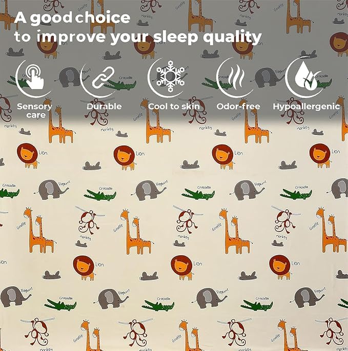 Image of RD FABS Glace Cotton Wrinkle Free Soft Hypoallergenic Bed Sheet with 2 Pillow Cover,Cartoon Printed,Double Bed King Size Bedsheet for Kids Room Boys Girls(90x95 Inches /Cream /Animal),144 TC