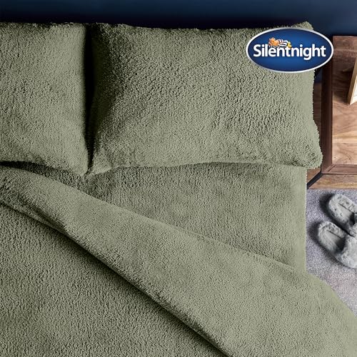 Silentnight Teddy Fleece Duvet Set - Teddy Bear Bedding Fluffy Fleece Duvet Cover and Pillowcase Set Warm Cosy and Super Soft - Double - 200x200cm - Sage - Image 3