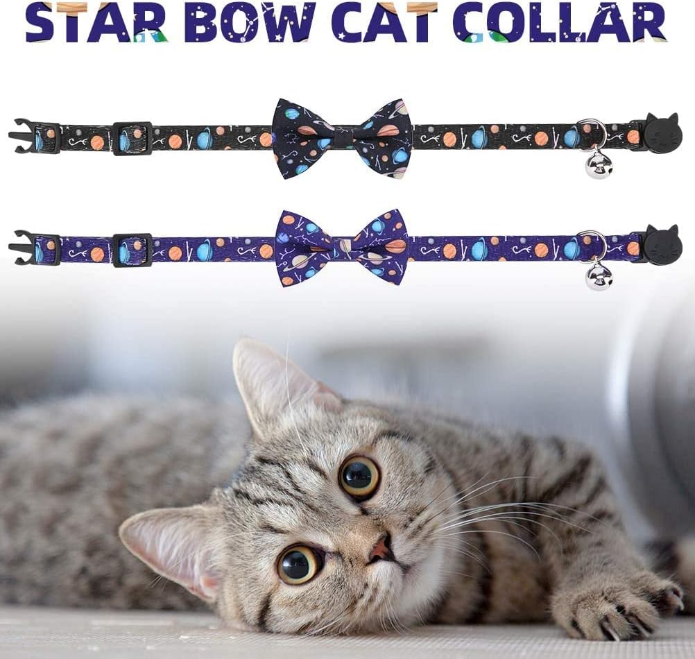 EXPAWLORER Cat Bow Tie Collar with Bell - 2 Pack Planet Design Breakaway Safe Buckle Kitty Collars, Cute Adjustable Kitten Collars with Removable Bow Tie, for Kitty Puppy Boy Girl