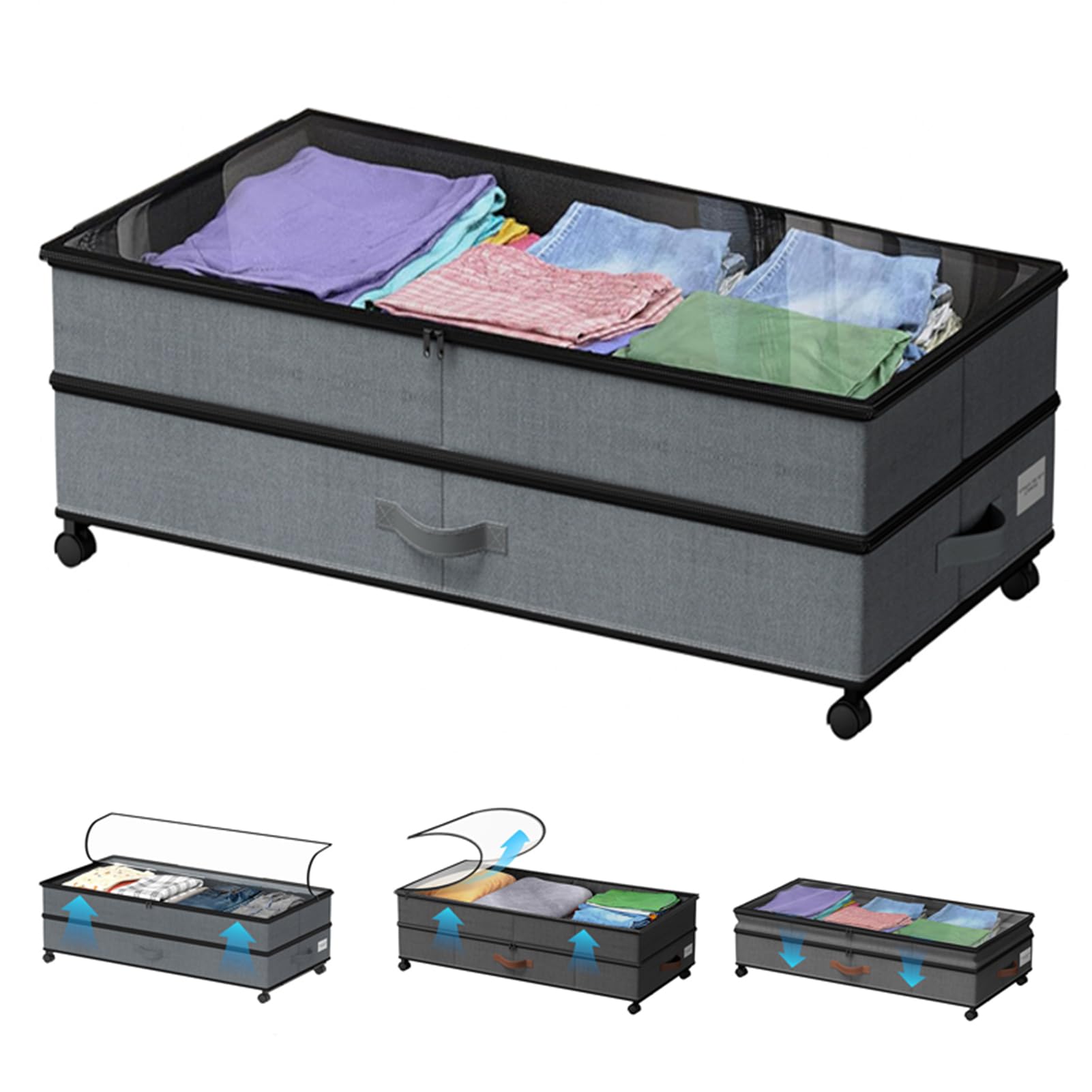 Unter-Bett-Aufbewahrung Auf Rollen, Unter-Bett-Schubladen Mit Klarem Deckel, Verstellbarer Unter-Bett-Organizer, Große Aufbewahrung Für Kleidung, Schuhe, Decken Und Spielzeug,1pcs