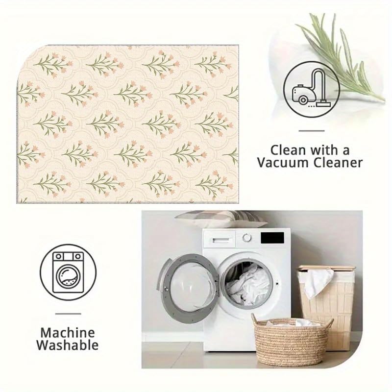 Tapis bohème beige en peluche courte lavable motif floral 90x170 cm
