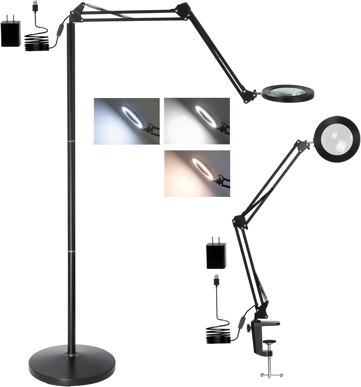 3-in-1 Magnifying Glass Floor Lamp with Clamp,Stepless Dimmable Light and Magnifier Glass with Flexibility Swing Arm,5X Magnifier Light for Reading Diamond Painting Craft Sewing Jewelry Making Repair