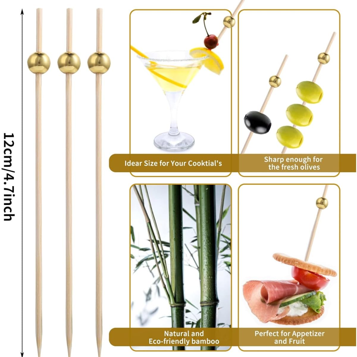 Pic à Cocktail en Bambou 12 cm Perle Dorée – Pics à Cocktail Cure Dents pour Apéritifs, Brochettes, Fêtes, Mariages