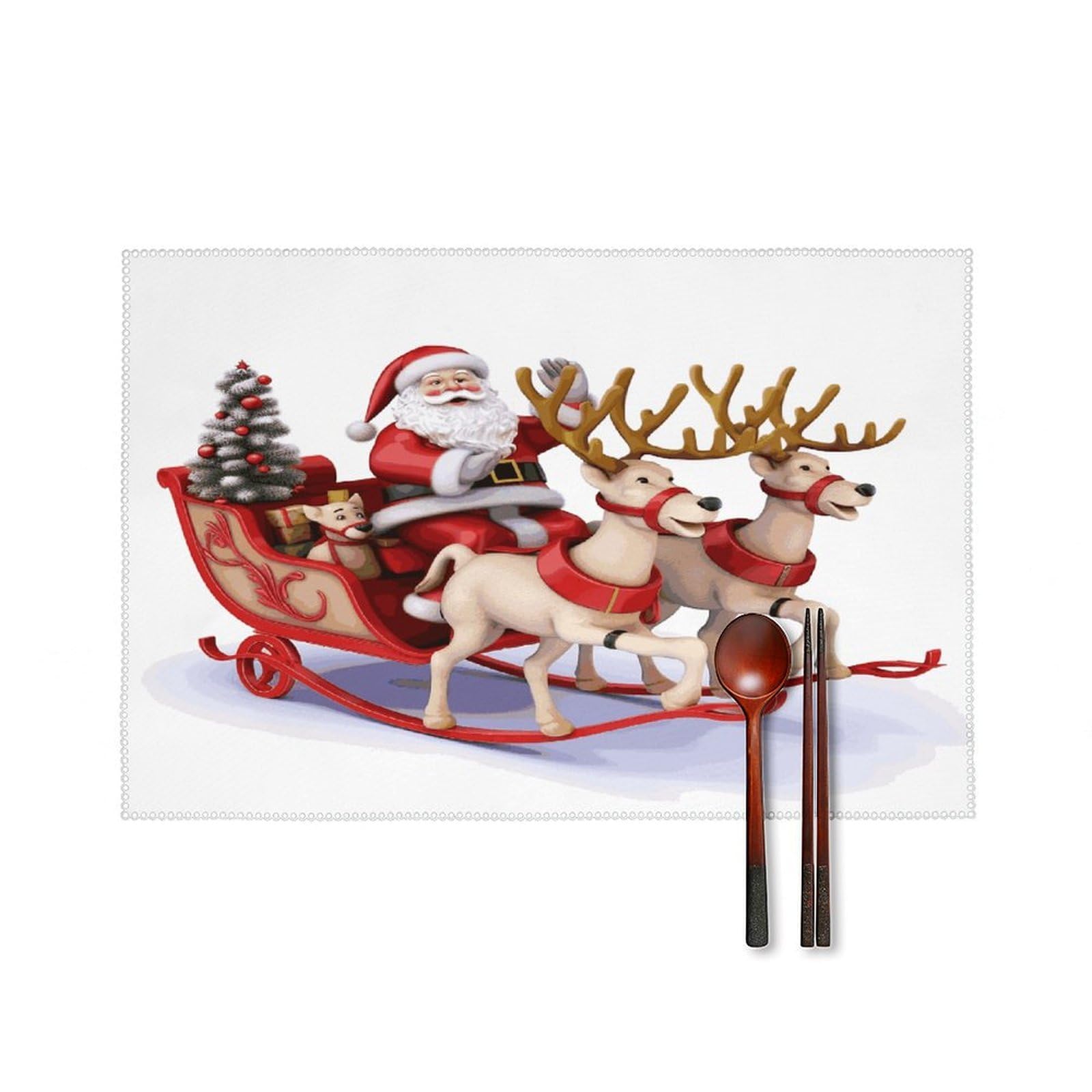 Santa Claus Reindeer Sled Placemats Set of 4 Canvas Place Mats Non-Slip Heat Resistant Table Mats Washable Waterproof Placemat Wipeable Tablemats for Kitchen Dining Decor Place Mat