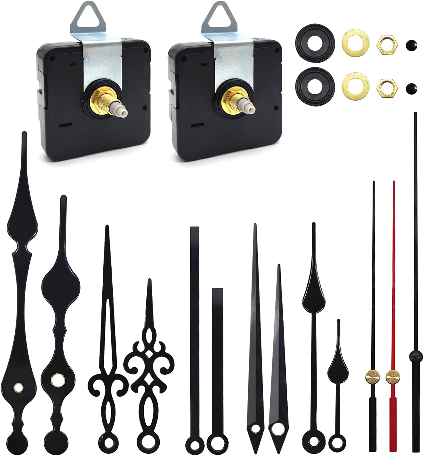 2pcs Silent Quartz Clock Movement Long and Short Shaft with 5 Sets Hands, DIY Wall Clock Mechanism Battery Powered Motor Replacement Repair Clock Parts Kits (No Battery)