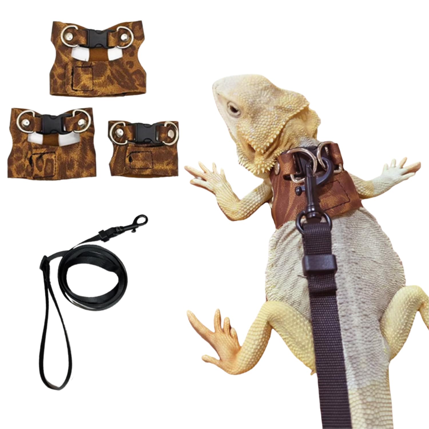 3 Pack Bearded Dragon Harness and Leash Set - Adjustable Soft Leather Lizard Harness Leash Small Animal Traction Rope Training Walking Vest Accessories for Reptile Squirrel Rat (Brown Leopard)