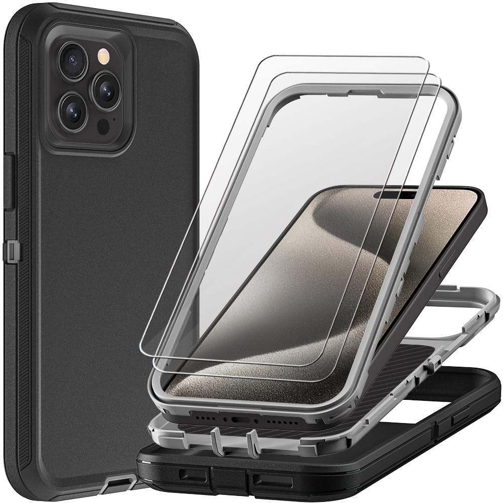 TFDSEUGH for iPhone 15 Pro Max Case with 2Pcs Tempered Glass Screen Protector, Military Grade 3 in 1 Heavy Duty Shockproof/Drop Proof/Dust Proof Case