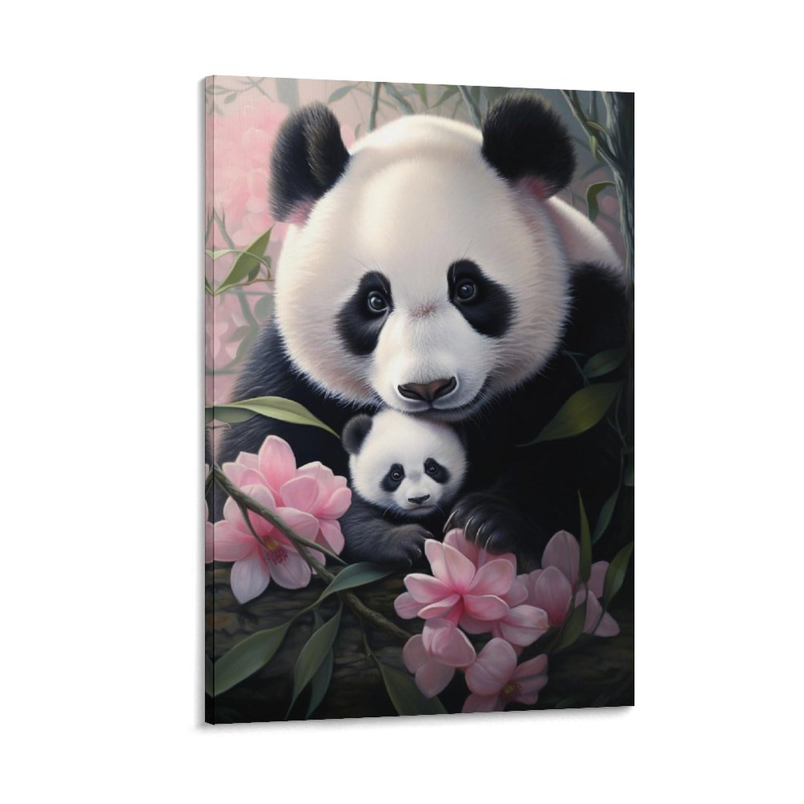 Foccar Frame-Flower Panda Canvas Wall Art Flower Panda Wall Decorations For Living Room Countryside Panda Mom And Baby Hang Pictures Wall Artwork
