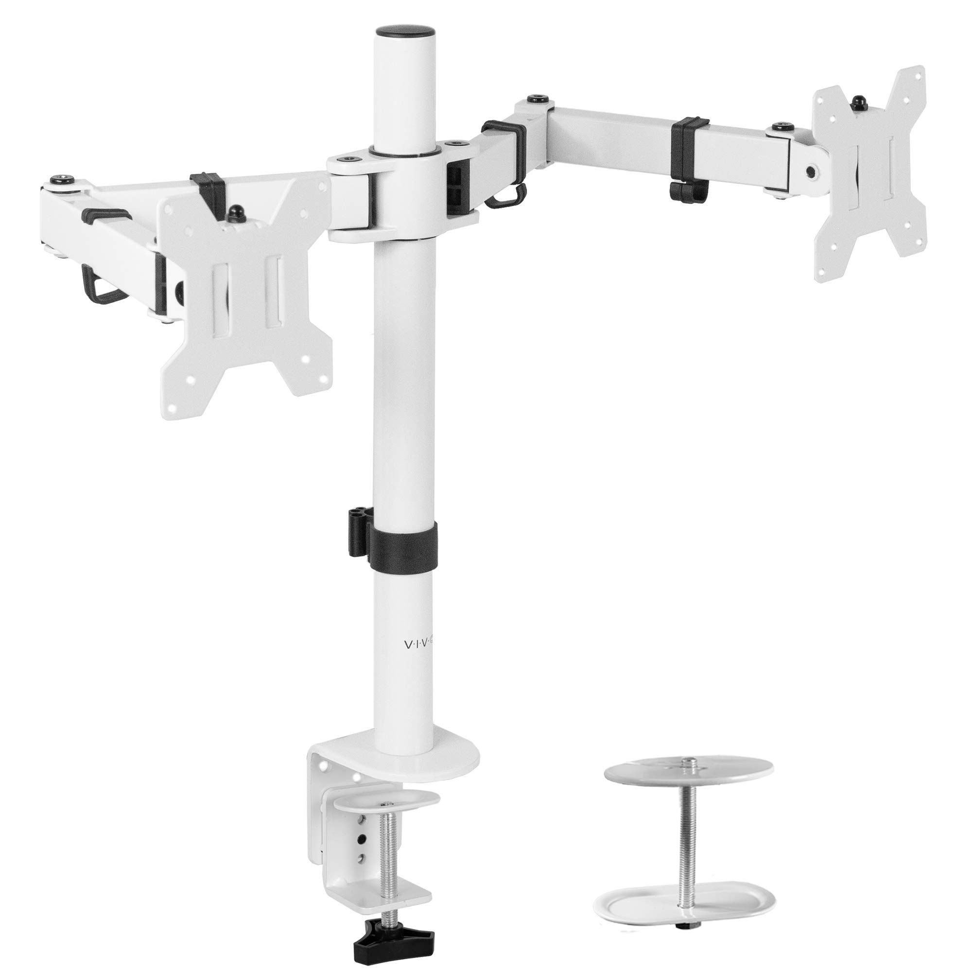 VIVO White Dual 13 to 27 inch LCD LED Monitor Desk Mount Stand with C-clamp and Bolt-Through Grommet, Heavy Duty Fully Adjustable Arms for 2 Screens STAND-V002W - White