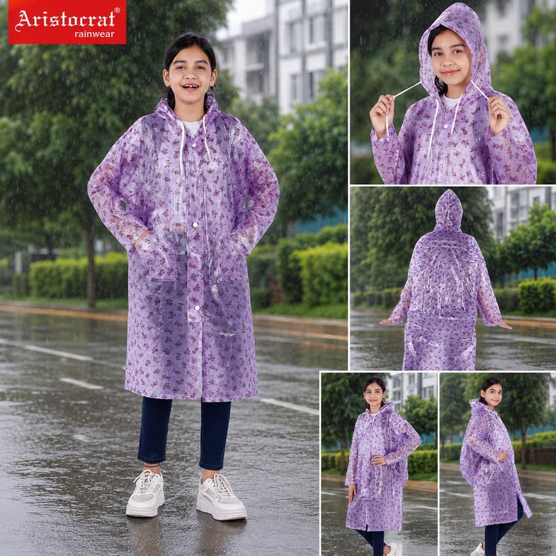 Image of Aristocrat Kids Humpty Dumpty Waterproof Raincoat with Hood | Knee Length Rainwear for Boys & Girls | Regular Fit Rain Jacket with Two Front Pockets | All-Weather Protection Rainwear