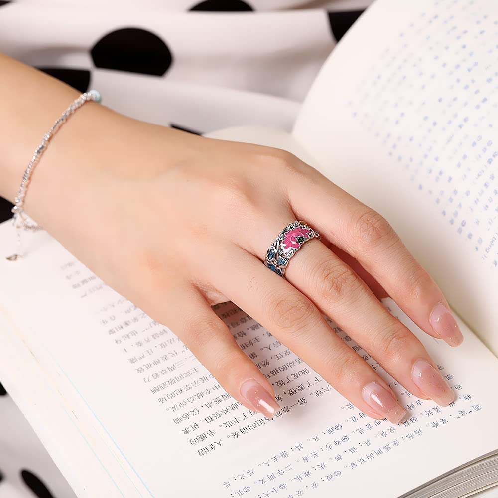 S925 Sterling Silber Charming Pink Lotus Band Ring Golden Lucky Fish Statement Ringe Für Frauen Yoga Medition