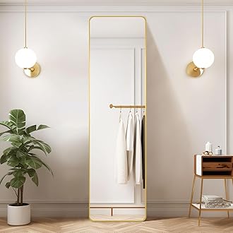 Decorhills Full Length Mirror 147x37cm – Rectangle Full Body Mirror with Stand, Rounded Corner Floor Mirror with Frame, Standing & Wall Mounted Dressing Mirror (Gold)