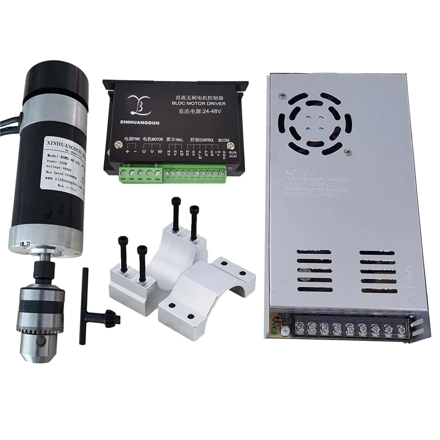 48v 500W Drill Brushless Spindle Motor+57MM Clamp with Screws+ 48V Brushless Motor Driver+48VDC 10.5A Power Supply(Package2)