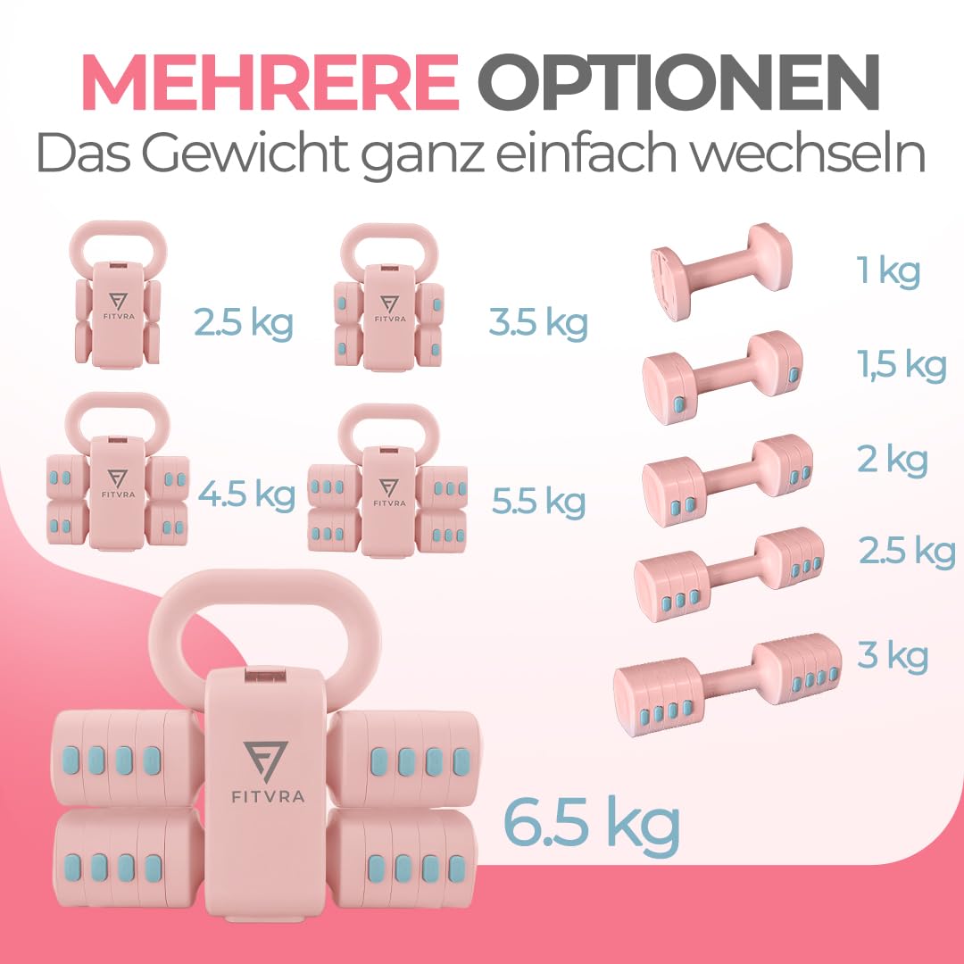 Verstellbare Hanteln 2 in 1, Hantel Set und Kettlebell | Kurzhanteln für Home Gym: 1-3 kg, Kettlebell 2,5-6,5 kg und 3 Widerstandsbänder