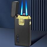 Butane + Electric 2 in 1 Windproof Lighter, Dual Jet Blue Flame + Dual Arc, Rechargeable Butane, USB Charging, LED Power Display, Gift(Black2)