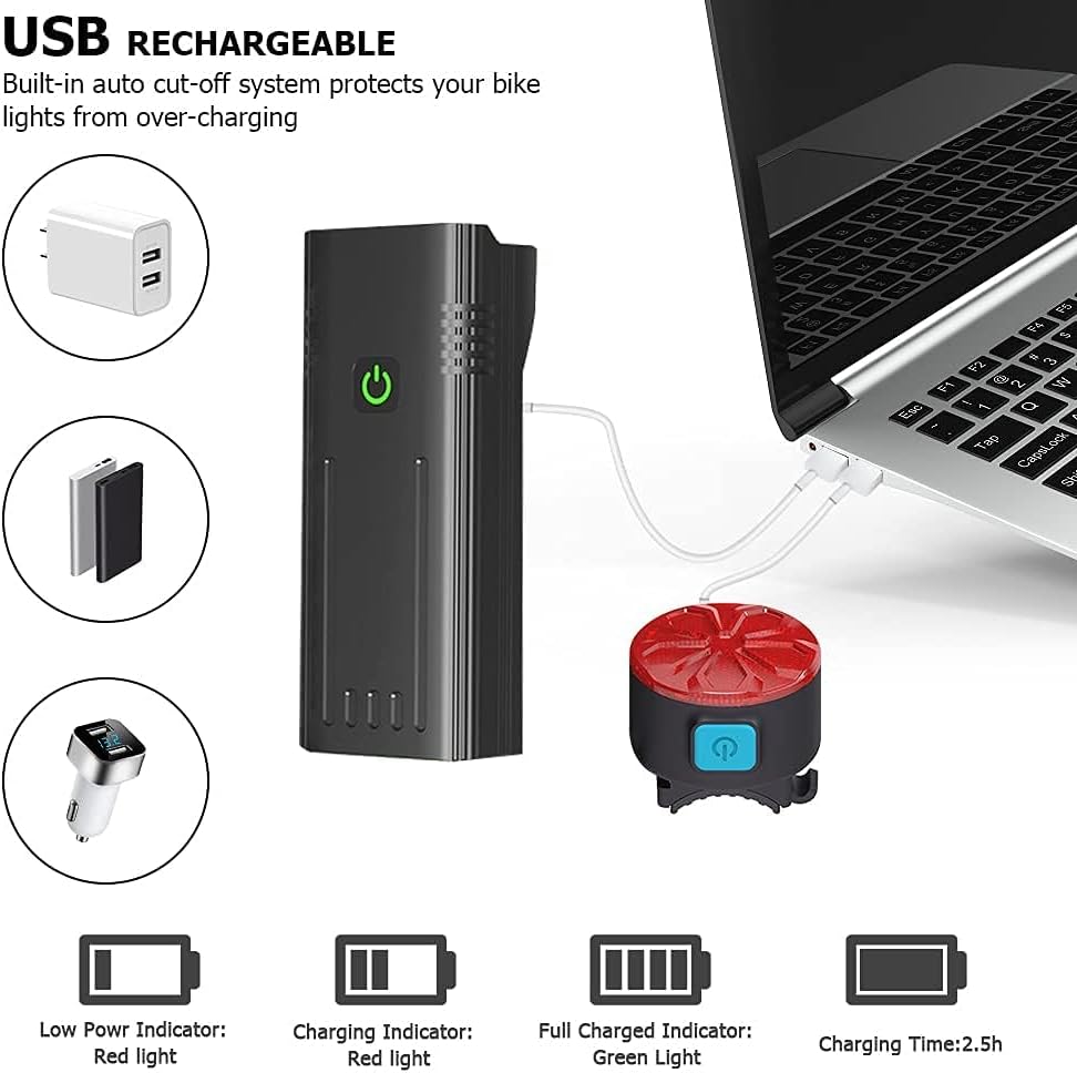 Diagram showing the USB rechargeable feature of the bike lights, with charging indicators and a charging time of 2.5 hours.