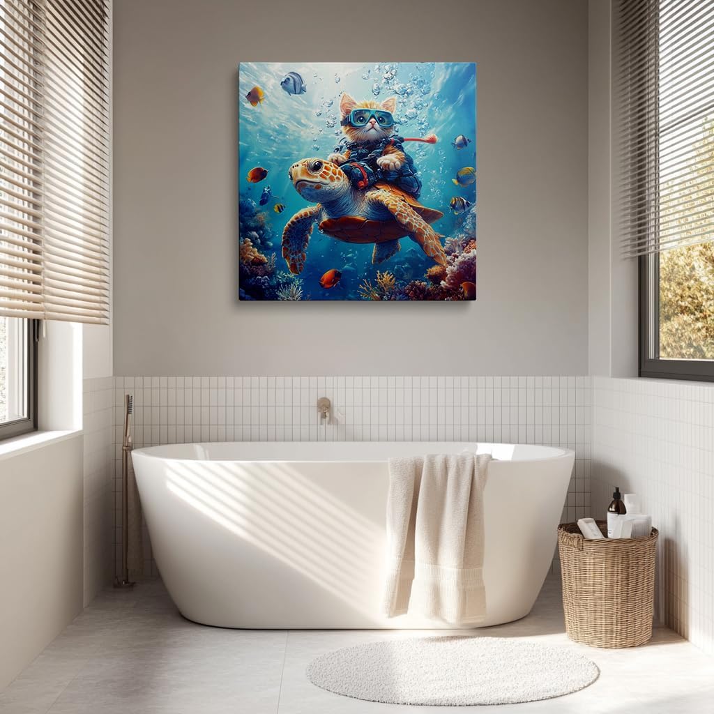 DUFIPOR Sea Turtle Funny Cat Wall Art for Bathroom,Ocean Tropical Fish Bubbles Seascape Coastal Beach Pictures Animal Bathroom Canvas Print for boys Room,Cool Room Decor Bedroom Living