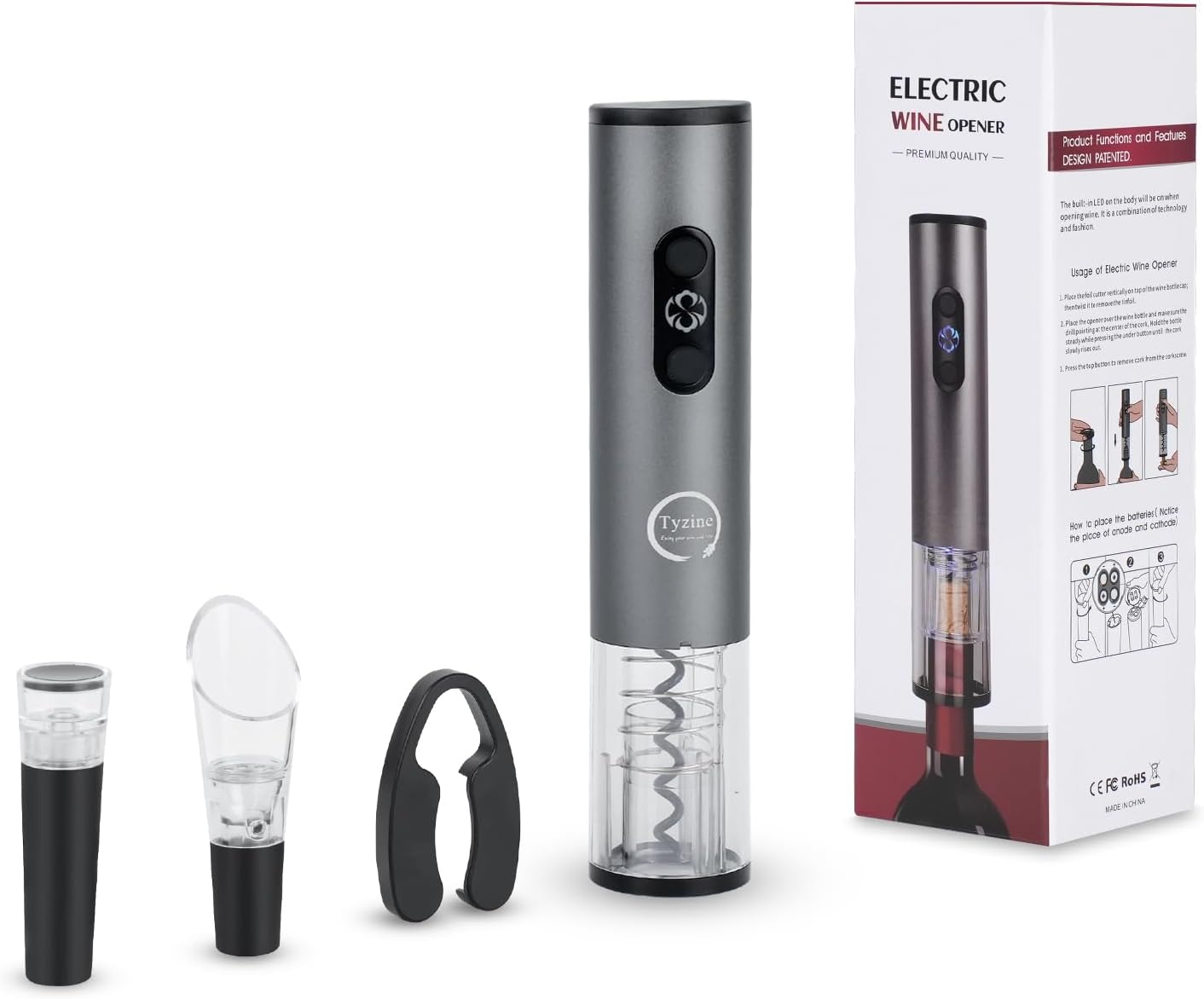 Electric Wine Opener, Battery Operated Wine Bottle Openers With Foil Cutter,Aerator Pourer,Vacuum Stopper(4PCS), Efficient Corkscrew Bottle Opener,Great For Wine Lovers (SW-Silvery-4)