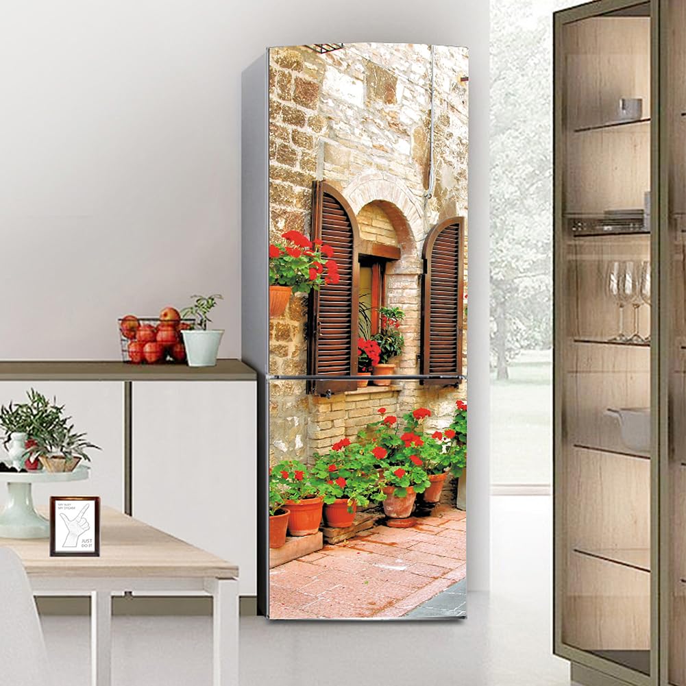Myxjx One Color Fridge Wrap, Full Covering Door Fridge Covers Skins Wall Stickers For Kitchen Decal, Retro French Flower Alley Street View
