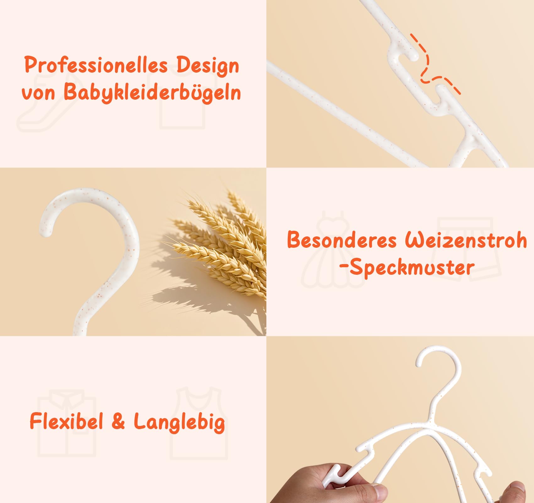 54 Perchas Bebé Ecológicas de Paja de Trigo | Ultra Delgadas 0.5cm para Ahorro de Espacio | Antideslizantes con Ranuras | Soporta 5kg | Tamaño Armario Infantil (Blanco)