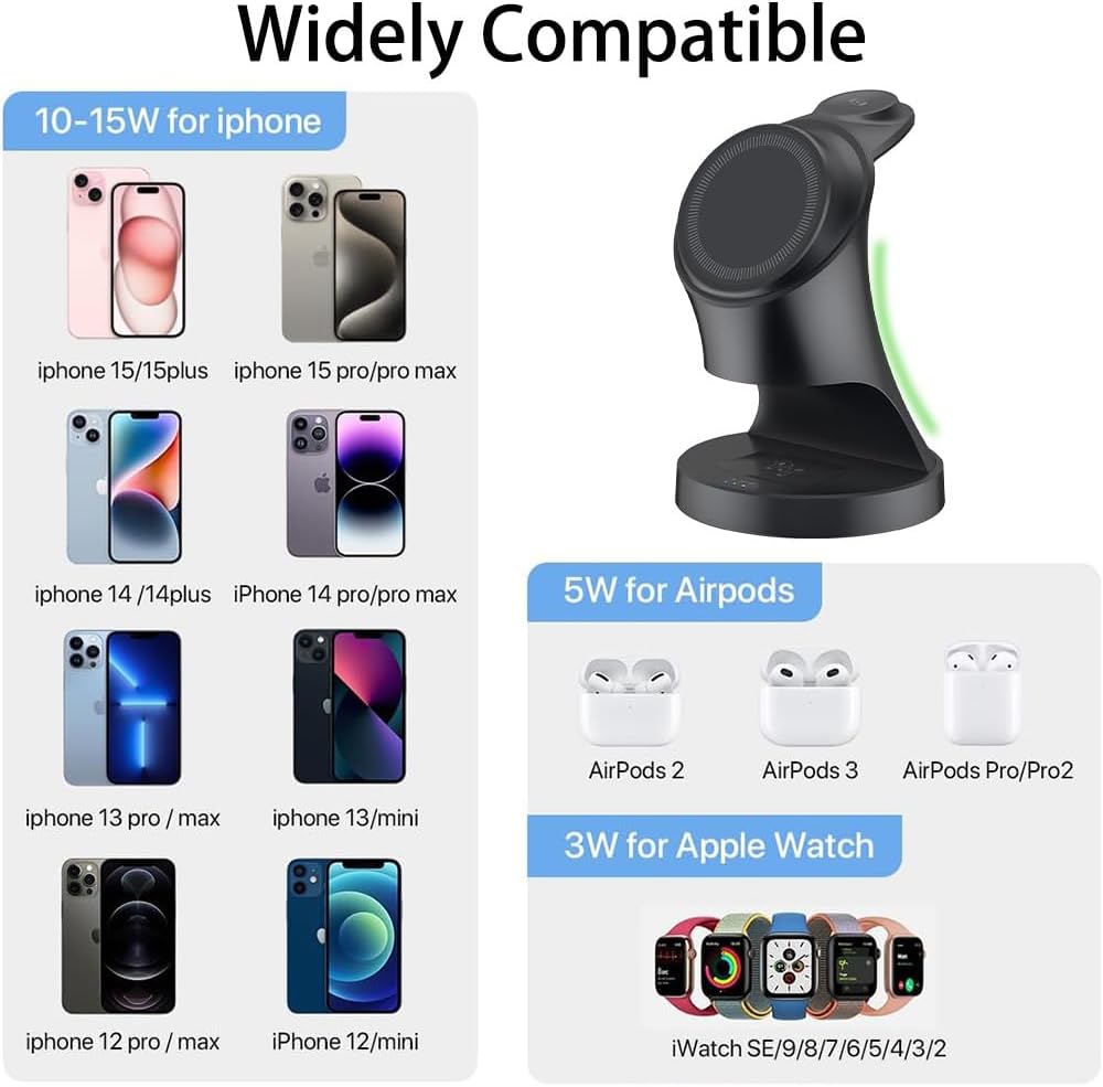3 in 1 Charging Station for Apple Devices 18W Fast Mag-Safe Charger Stand Magnetic Wireless Charger Station for iPhone16 15 14 13 12 Pro/Pro Max/Plus/Mini AirPods