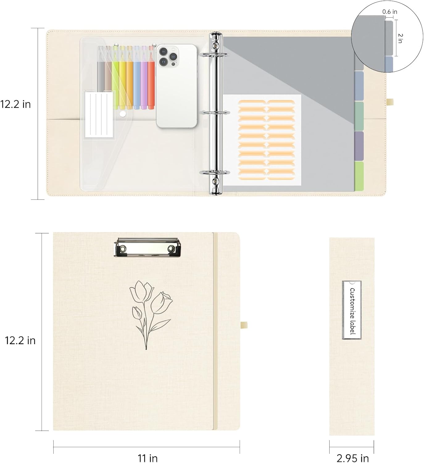 2 Inch 3 Ring Linen Binder Organizer, BVSSX Three Ring Binders with Clipboard, Plastic Folder, 5-Tabs Pocket Dividers with Sticker Labels, Pen Loop, Elastic Strap (Tulip, Letter Size)