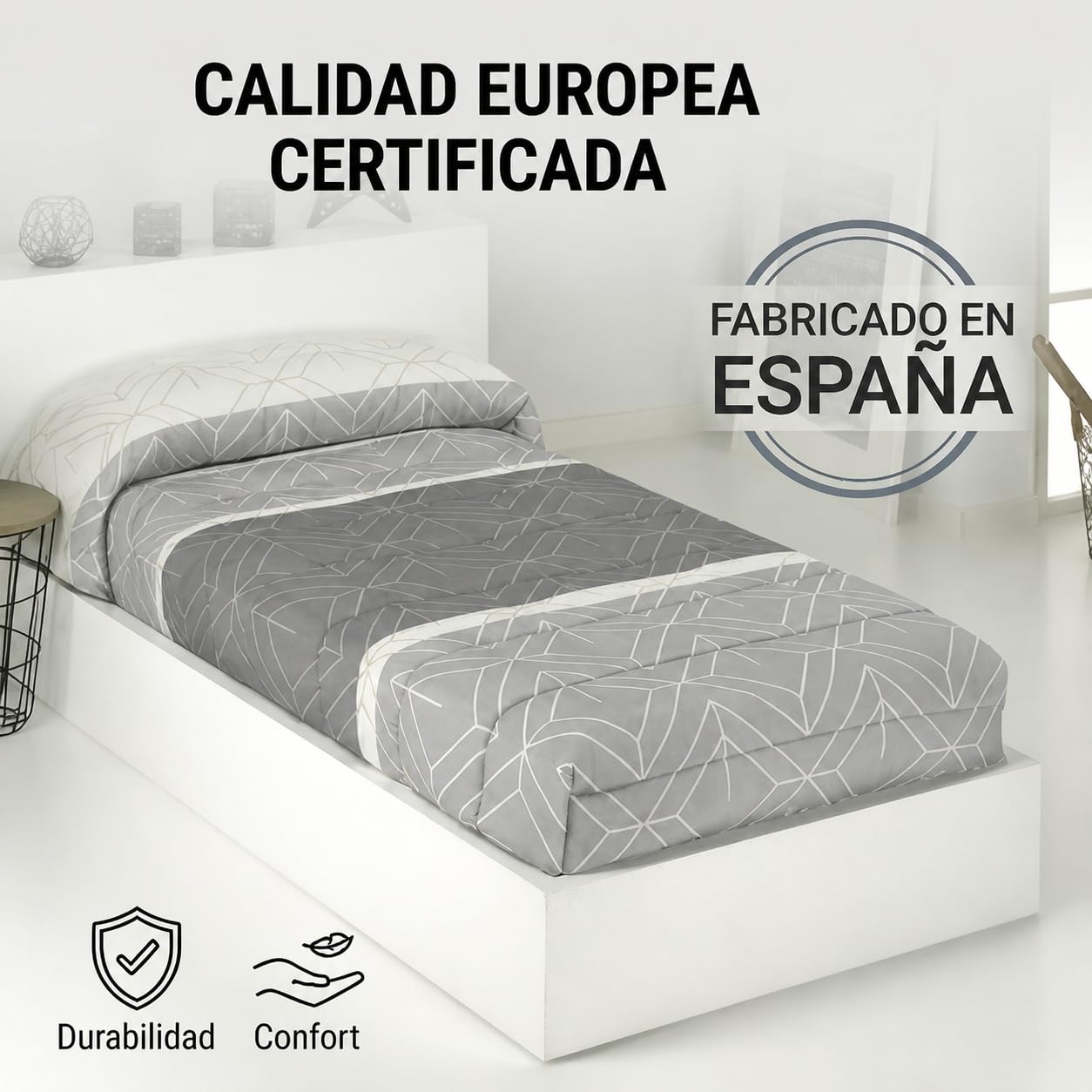 Edredón Ajustable DOLI Geométrico Gris Lanovenanube Cama 200 Microfibra | Estampado geométrico gris y dorado, tacto melocotón 250 g, ajuste al colchón. Largo 190/200 cm. Fabricado en España