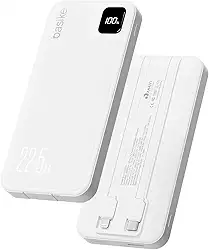 Basike Power Bank, Carregador Portátil Universal 10000mAh, USB-A(até 22.5W)+USB-C(até 20W), com 2 Cabos Integrados (USB-C, Lightning) Carregamento Rápido, Led Indicador de Bateria (Branco)