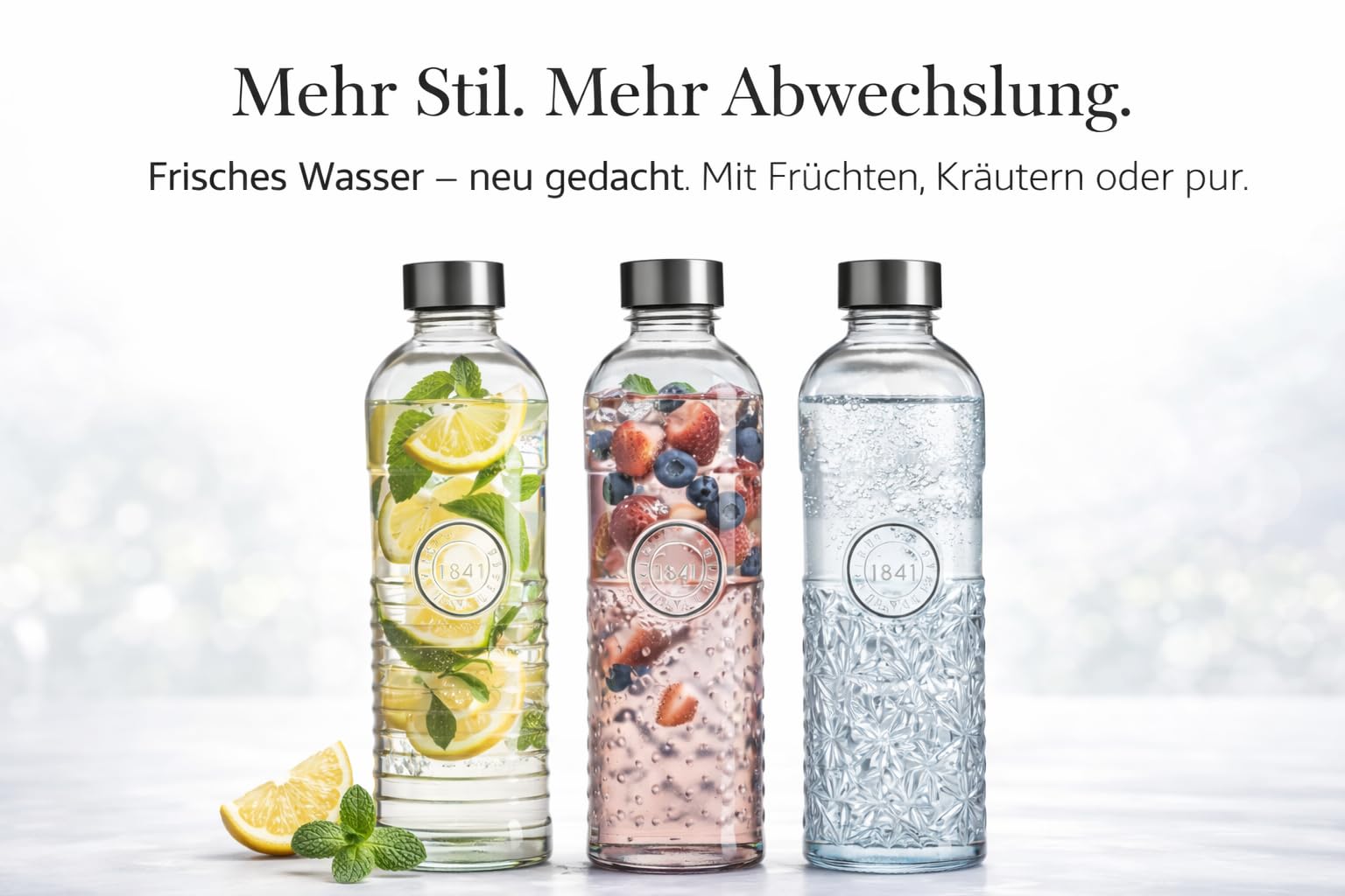 Glas Wasserflasche 1L - Luftdichte Trinkflasche mit Schraubverschluss - Vintage Design für Wasser & Saft - Kühlschrankgeeignet - (3er Set)
