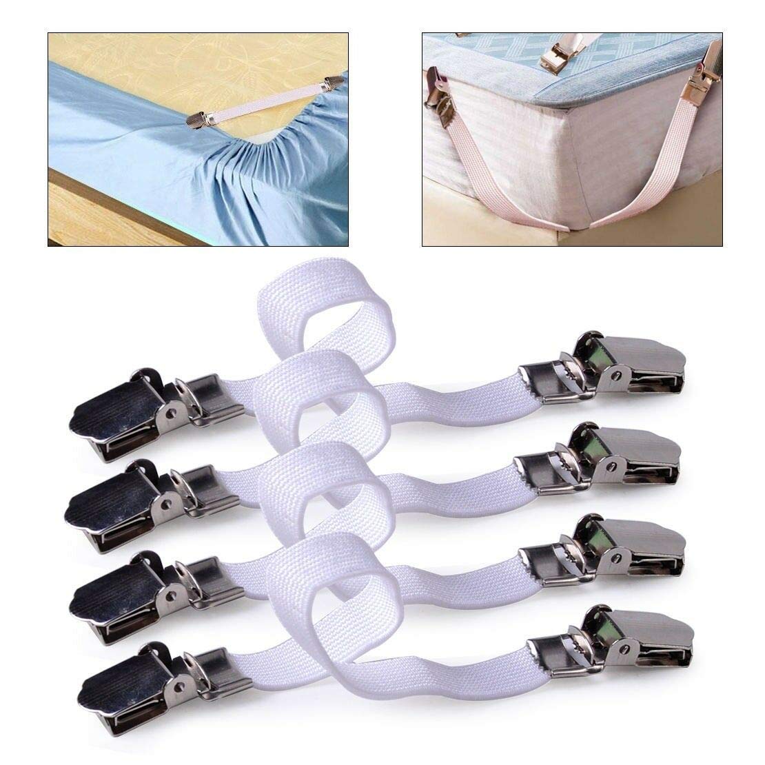 Sdmax White Bed Sheet Holder Clip Elastic Fasteners Grippers Braces Metal Clips Sheet Mattress Corner Straps Ideal For Ironing Board Covers, 4X