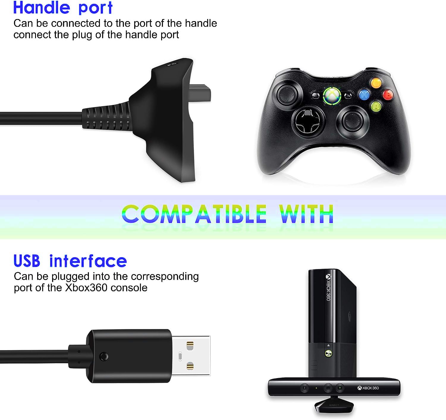 QUMOX Paquete de 2 Cables de Carga de 1,5 m para Xbox 360, Controlador inalámbrico Cable de Carga USB Compatible con Controladores de Juegos inalámbricos Microsoft Xbox360 / Xbox 360 Slim