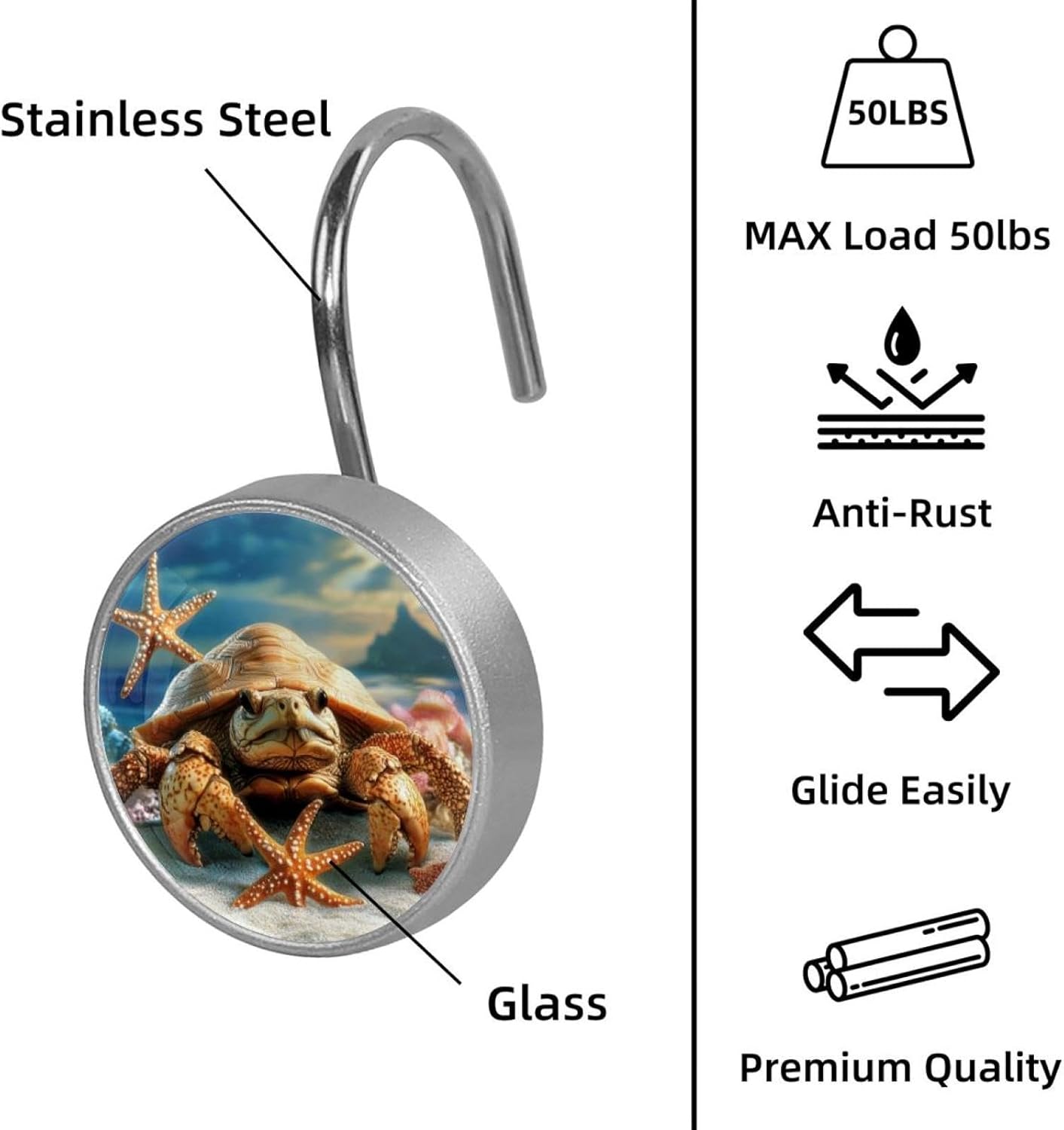 12PCS Funny Starfish Tortoise Crab Shower Curtain Hooks Rings for Bathroom, Decorative Shower Curtain Hooks Rods Curtains and Liner