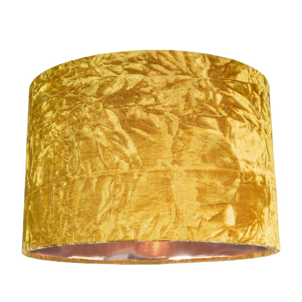 Modern and On-Trend Ochre/Mustard Crushed Velvet Fabric 12" Table or Pendant Circular Drum Lampshade with Shiny Copper Inner - 60watt Maximum | Perfect for Residential or Commercial by Happy Homewares