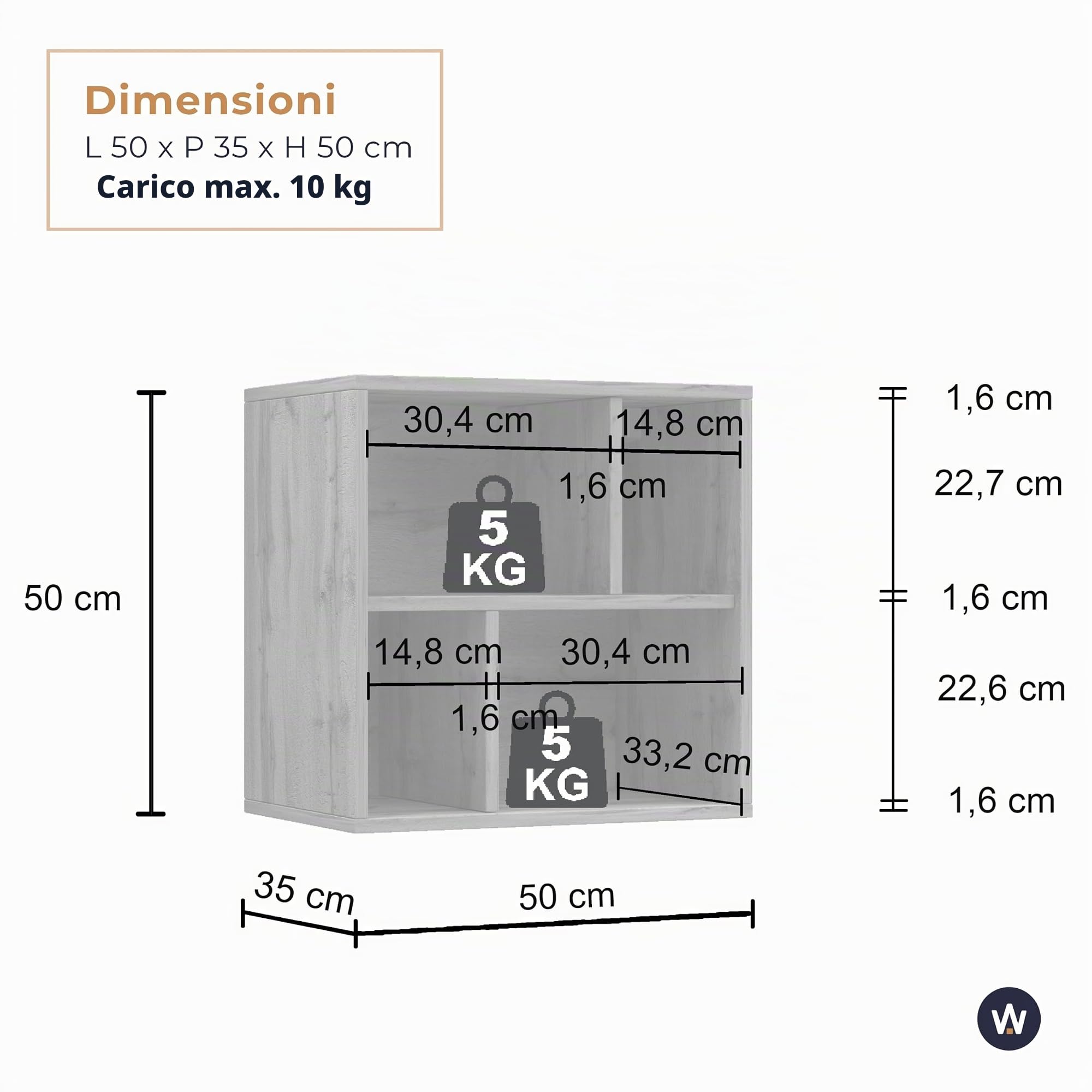 WHOUS Pensile a Cubo CHRONOS per Soggiorno con 4 Vani, Pensile a Giorno e Libreria Multiuso per Salotto, 50x35x50 cm, Rovere