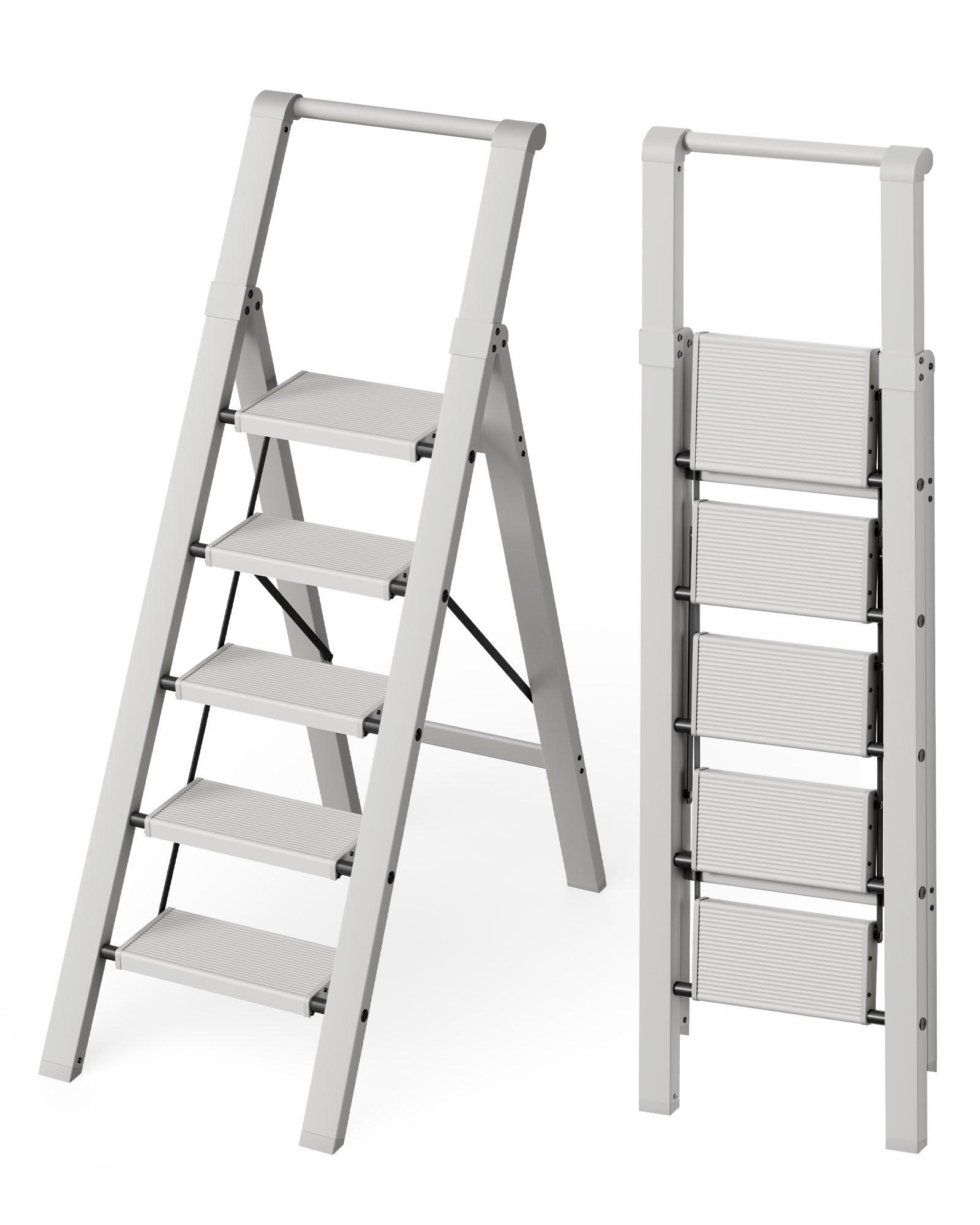 Mayi Plus 5 Step Ladder, Lightweight Folding Step Stool with ConvenientHandgrip, Aluminum 330lbs Capacity Step Ladder forOffice,Household,Kitchen,Library(Grey) 435