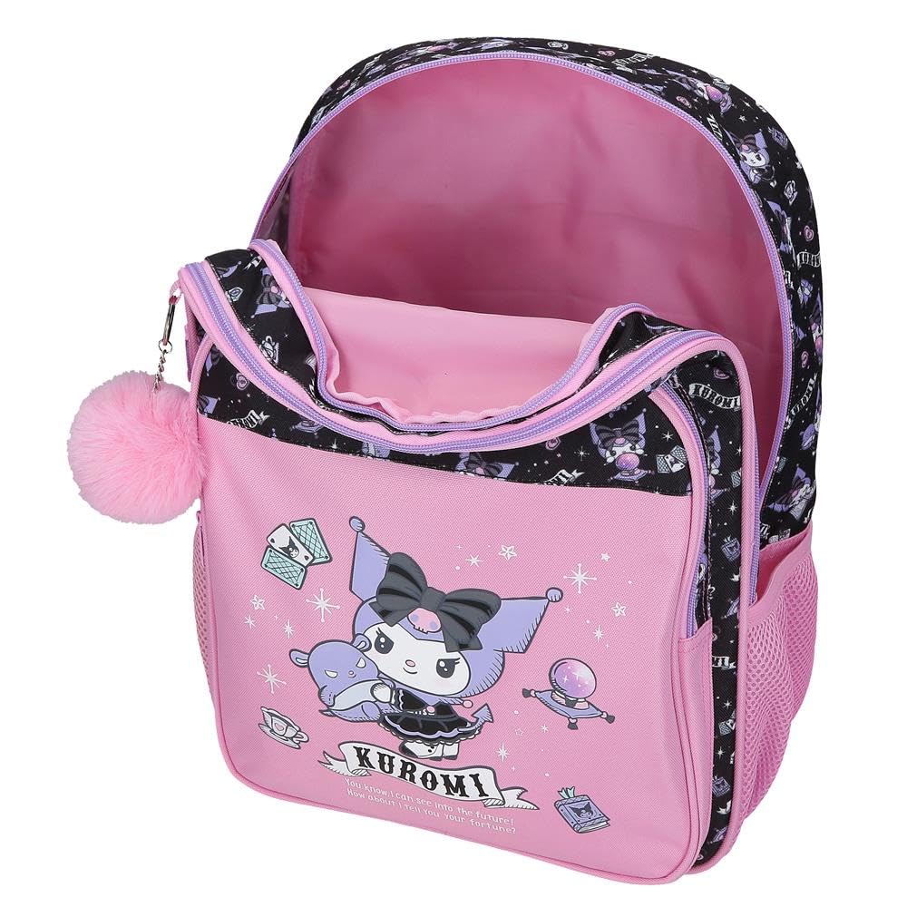 Sanrio Kuromi Fortune Telling Mochila infantil, mochila escolar, fabricada en Poliéster, bolsillos laterales, tirantes anchos ajustables de Joumma Bags