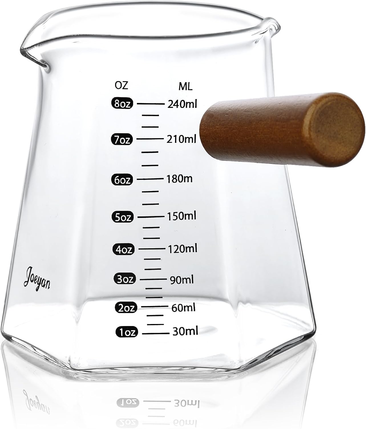 Joeyan 8 oz Glass Measuring Cup,Espresso Shot Glasses with Double Spouts and Wooden Handle,Clear Milk Frothing Pitcher,Hexagonal Borosilicate Espresso Bar Accessories for Coffee