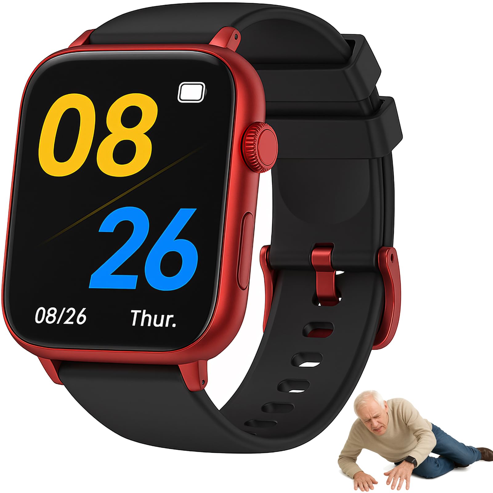 4G Senioren Smartwatch mit SOS-Knopf, Sturzerkennung, GPS-Ortung, 2-Wege-Anruf, IP67 Wasserdicht, 1,83 Zoll Großes Display, Nano-SIM,Rot