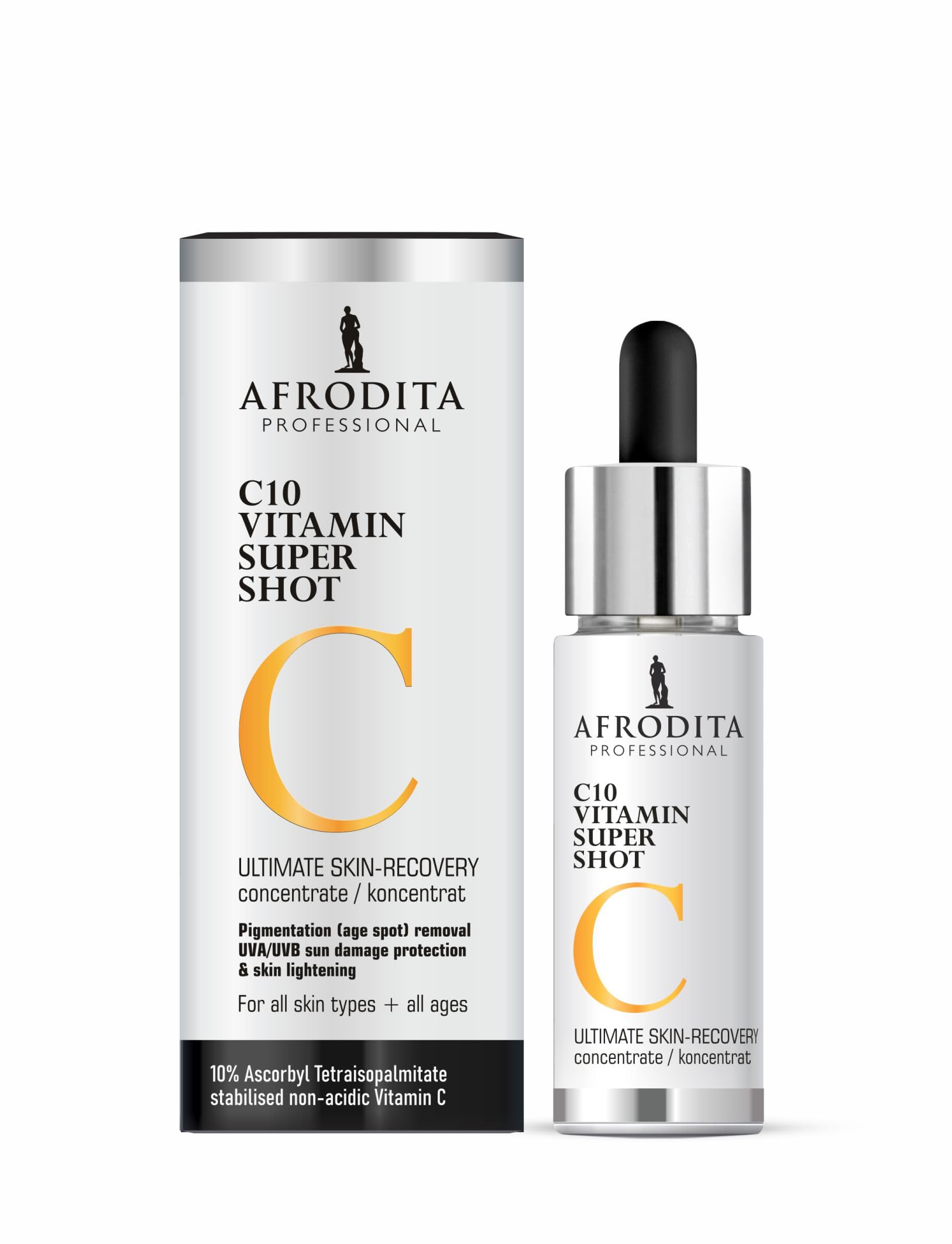 Afrodita Professional C10 serum z witaminą Super Shot | 10% stabilizowana witamina C serum do twarzy przeciw plamom pigmentowym | Rozjaśniające serum przeciw starzeniu się skóry z efektem świecenia