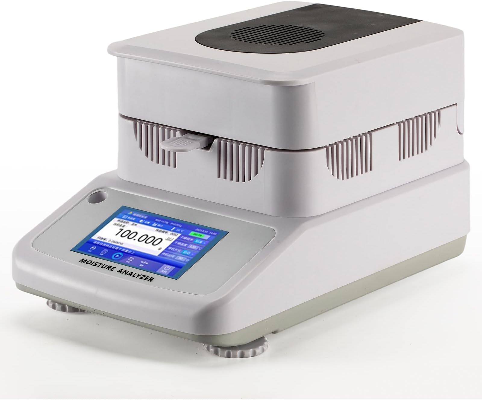 Halogen Moisture Analyzer 120g/0.001g 0.01%, 5" Touch Screen, Halogen Heating, Built-in Database, RS232 Interface for Laboratory & Industrial Use, 110V