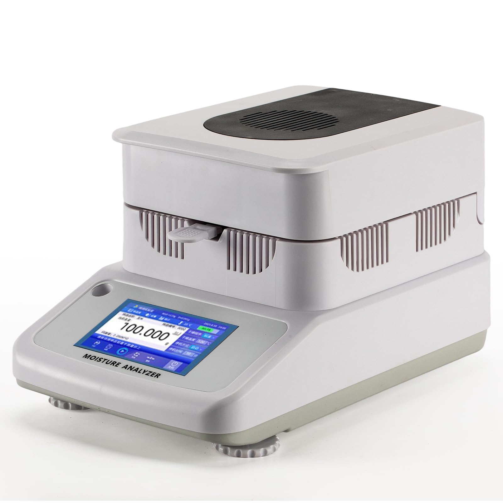 Halogen Moisture Analyzer 120g/0.005g 0.02%, 5" Touch Screen, Halogen Heating, Built-in Database, RS232 Interface for Laboratory & Industrial Use, 110V