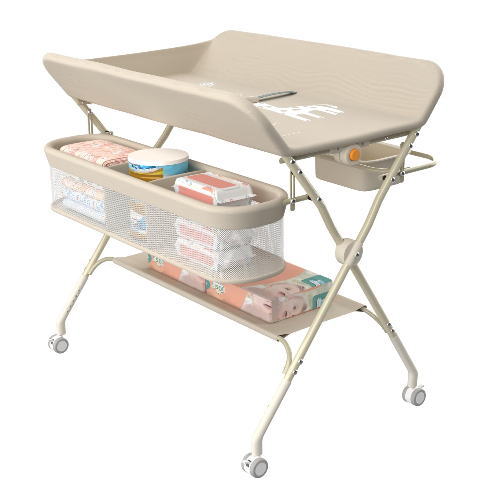 Table a Langer Pliante avec Panier de Rangement,pour Nouveau-né, Charge Max 25KG,Réglable en Hauteur,Table a Langer Bebe avec roulettes,80 * 73 * 86-94 cm (Blanc Laiteux)