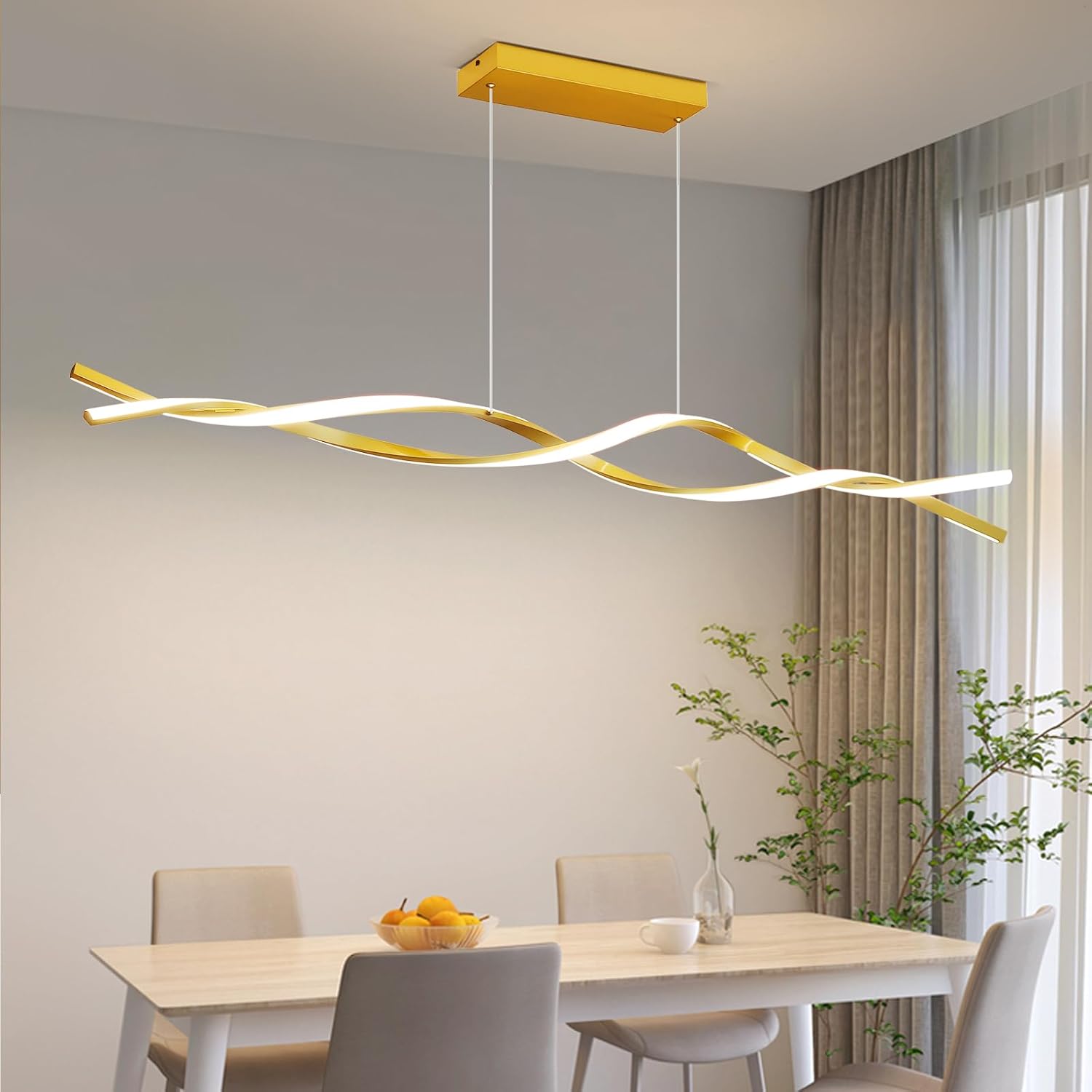 Modern Ceiling Pendant Light, with Remote Control Dimmable 3 Color Mode & Brightness Ceiling Lamp, Anti-Flicker Dining Light Fixture for Kitchen, Dining Room (Gold, 59IN) D 59IN