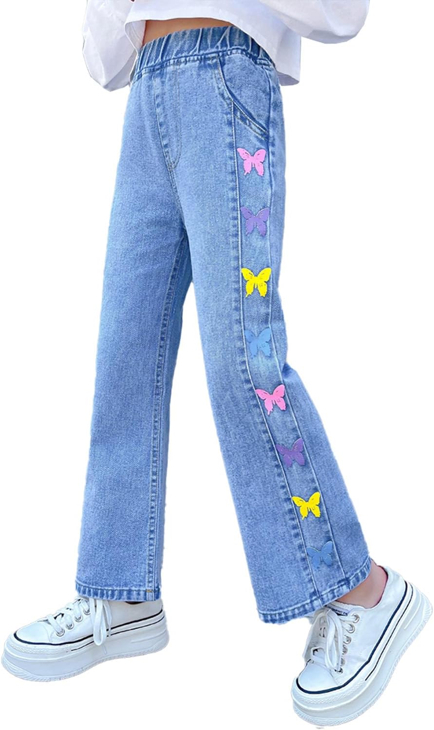 Big Girls Baggy Jeans Casual Patchwork Denim Jeans Elastic Wasit Wide Leg Ripped Pants Bell Bottoms for 4-14 Years