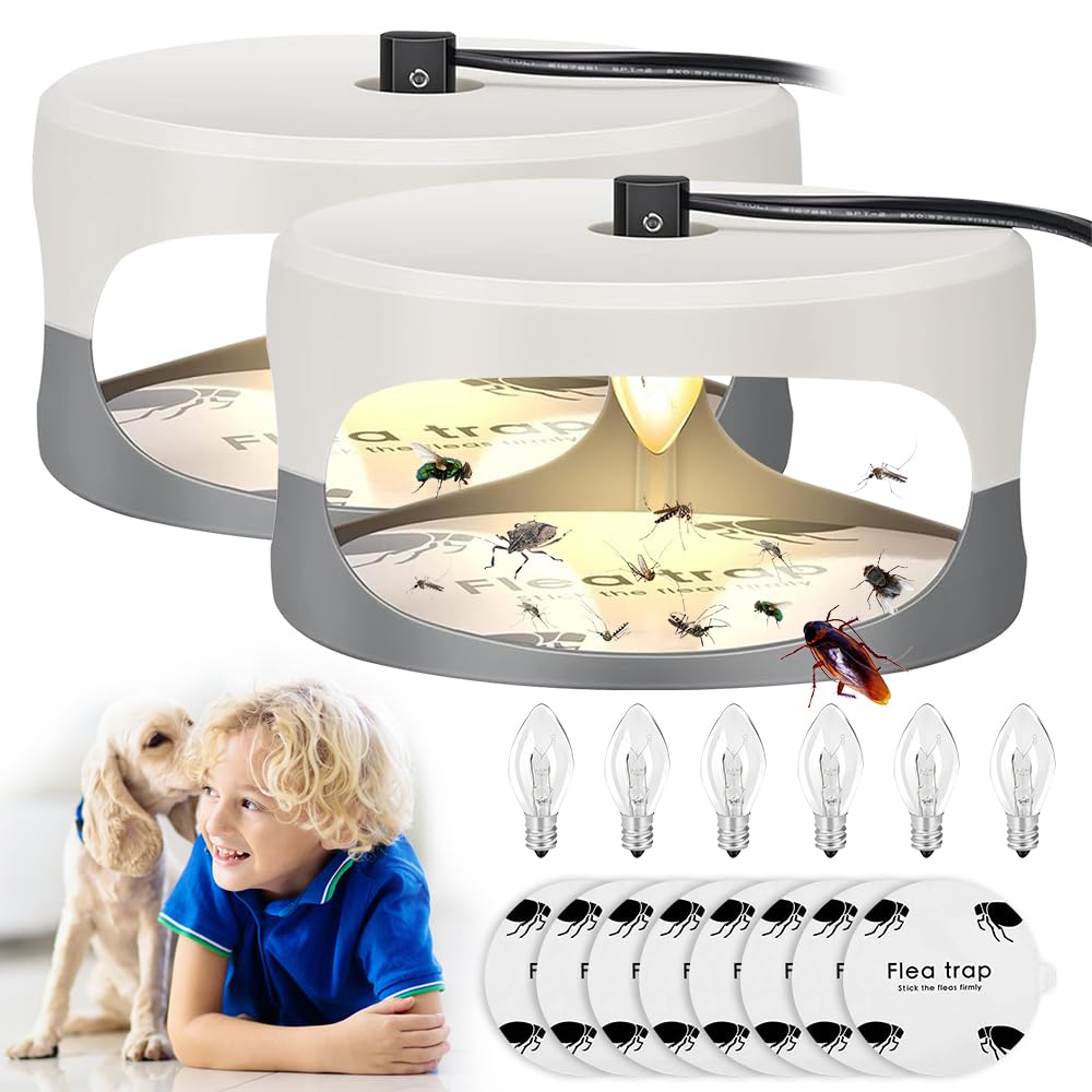 2 Pièces Piege a Puces, Piege a Puces Maison avec 6 Ampoules et 8 Disques Adhésifs, Piège à Puces avec Ampoule, Lampe Anti-puces pour Salon, Chambre, Chambre denfant, Cuisine