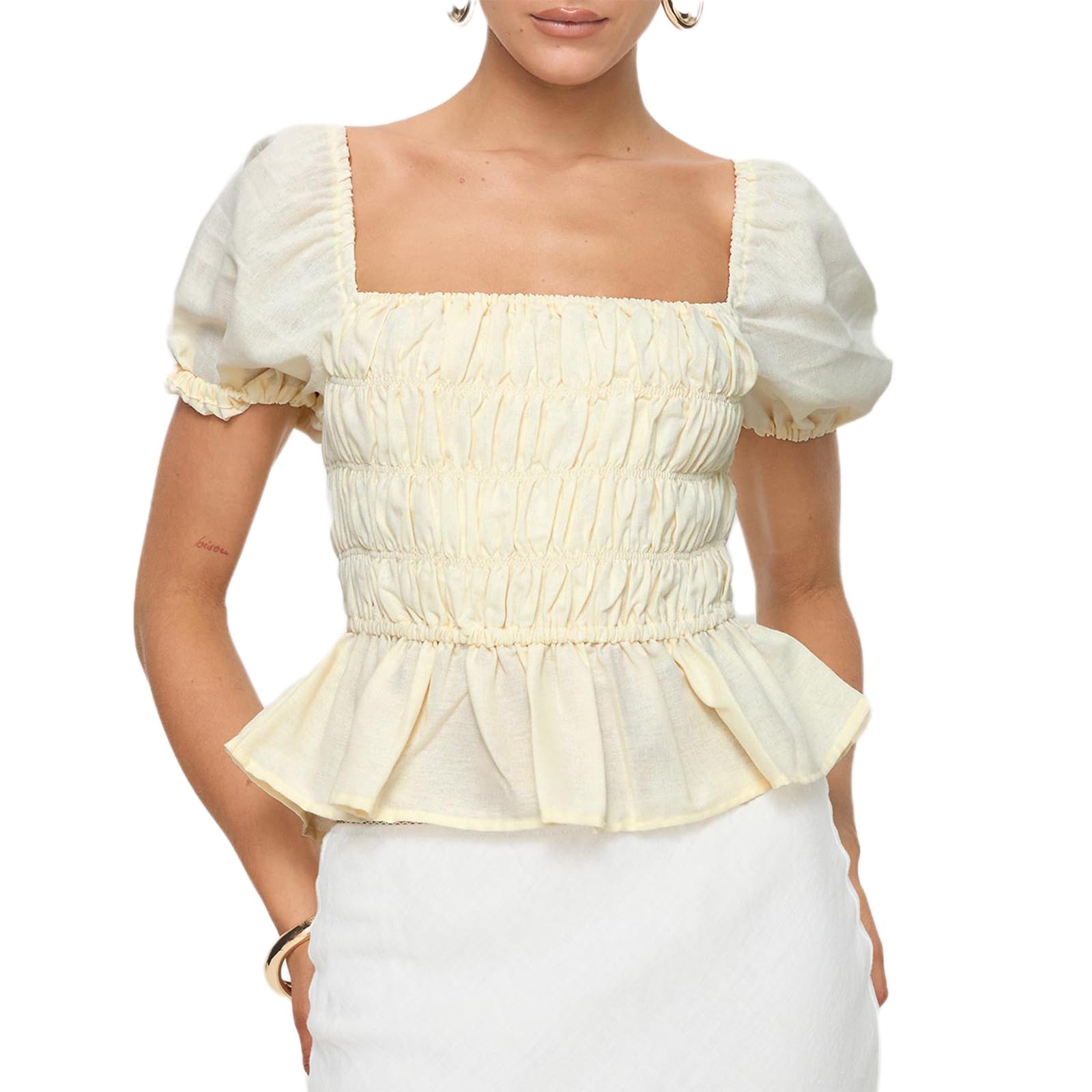 【euw】puff sleeve peplum top Amazon.com: Womens Puff Sleeve V Neck Elegant Peplum Top