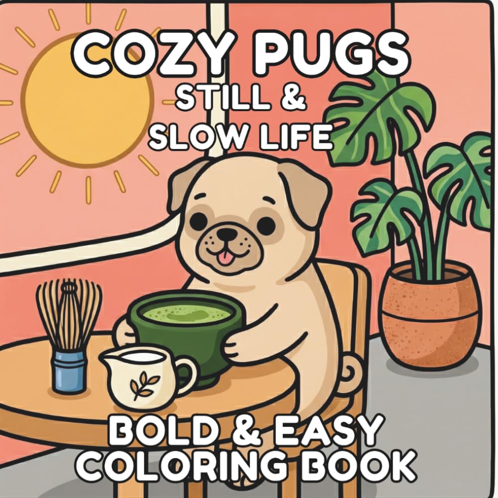 Cozy Pugs: Still and Slow Life Coloring Book: Bold and Easy Scenes for Stress Relief, Large Print Simple Aesthetic Illustrations for Adults, Seniors and Teens (Hygge Life)